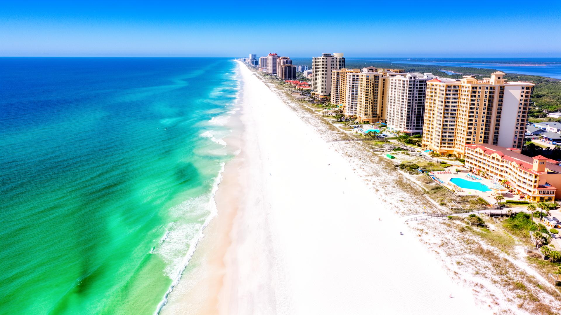 Aerial view of Gulf Shores beachfront condos, white sand, and turquoise water