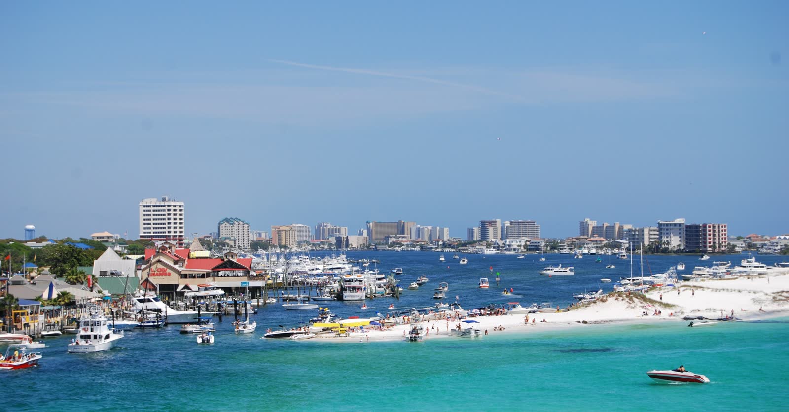 View of Destin, Florida's harbor and waterfront from the water