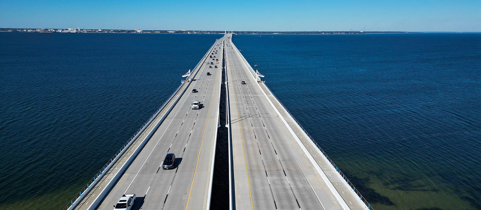 The Pensacola Bay Bridge crossing the water toward Gulf Breeze, Florida