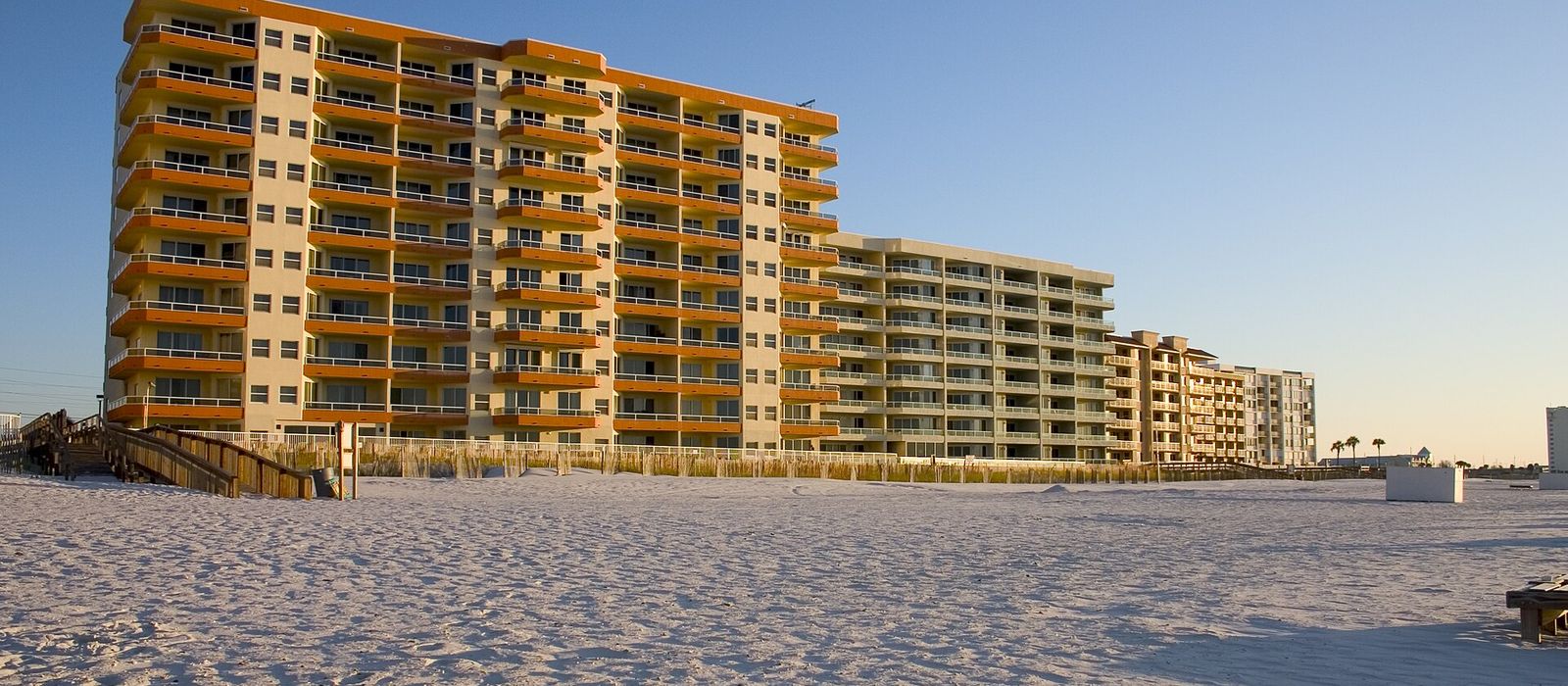 Beachfront condominium towers along the sand in Orange Beach, Alabama
